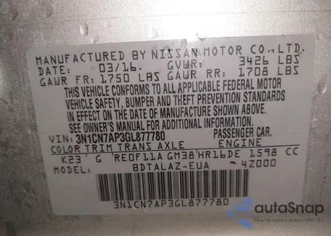 2016 Nissan Versa 1.6 S+ from USA, damaged, VIN 3N1CN7AP3GL877780